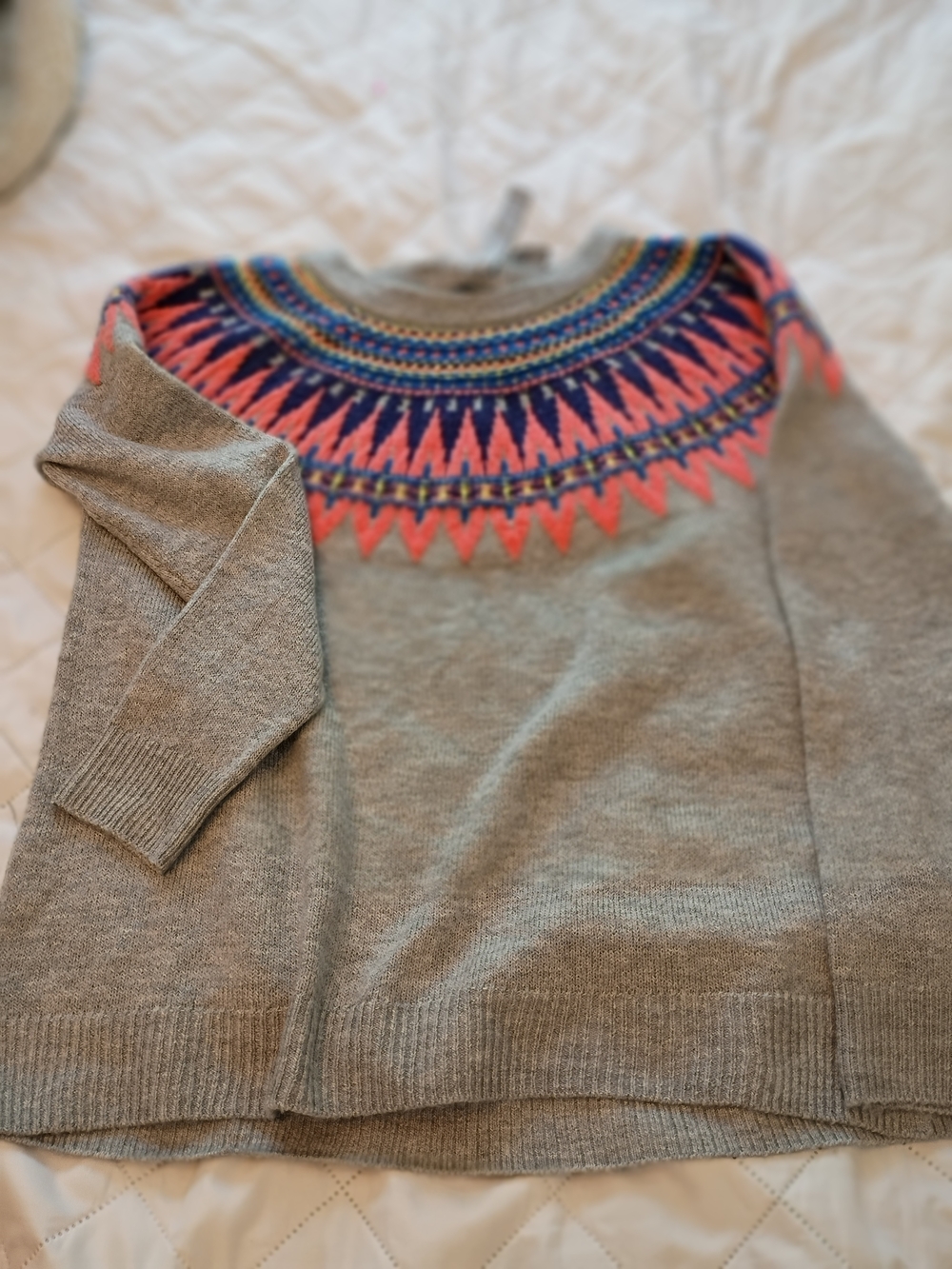 Caslon Gray Crewneck Sweater with Pink & Blue Fair Isle Yoke